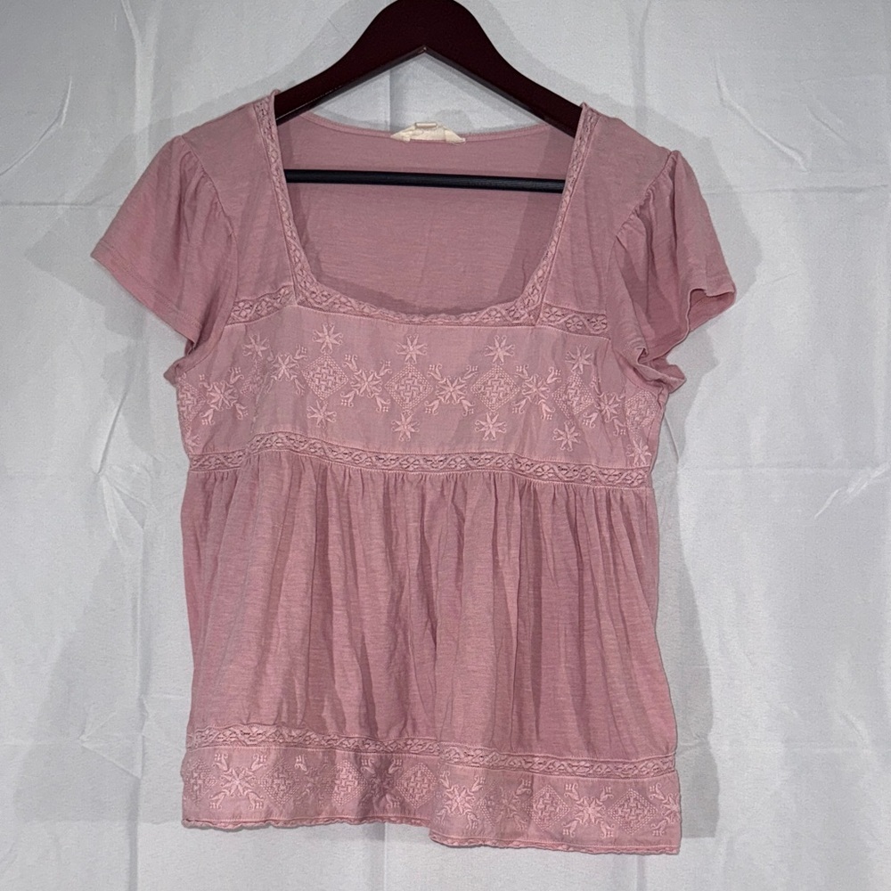 Lucky Brand Pink Western Boho Peasant Top S Embroidered Cowgirl Festival Blouse